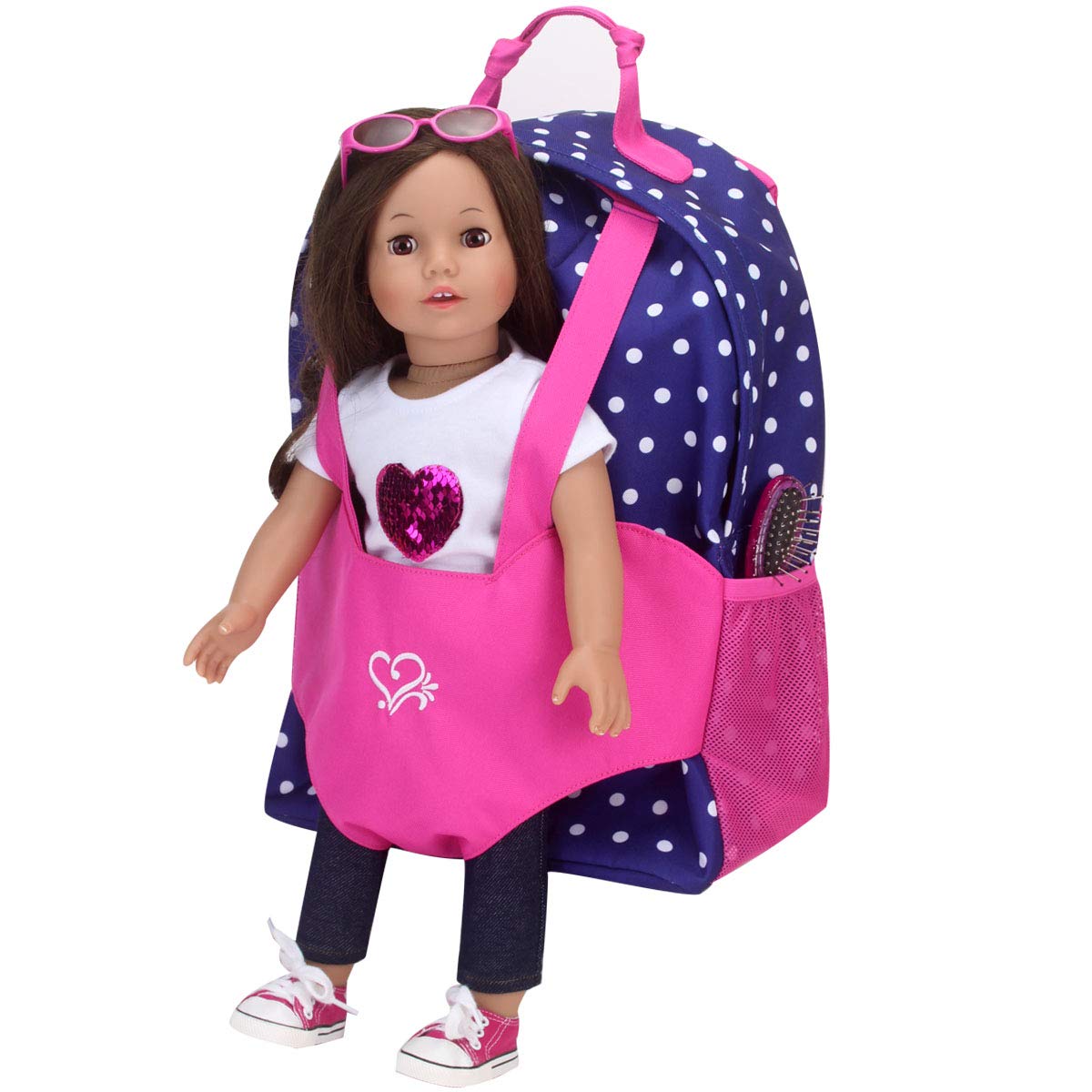 Sophia'S 15' Inch & 18' Inch Doll Accessorrites, Polka Dot Backpack Carrier To Fit & Transport 15'' Inch & 18'' Inch Dolls, Pink/Navy