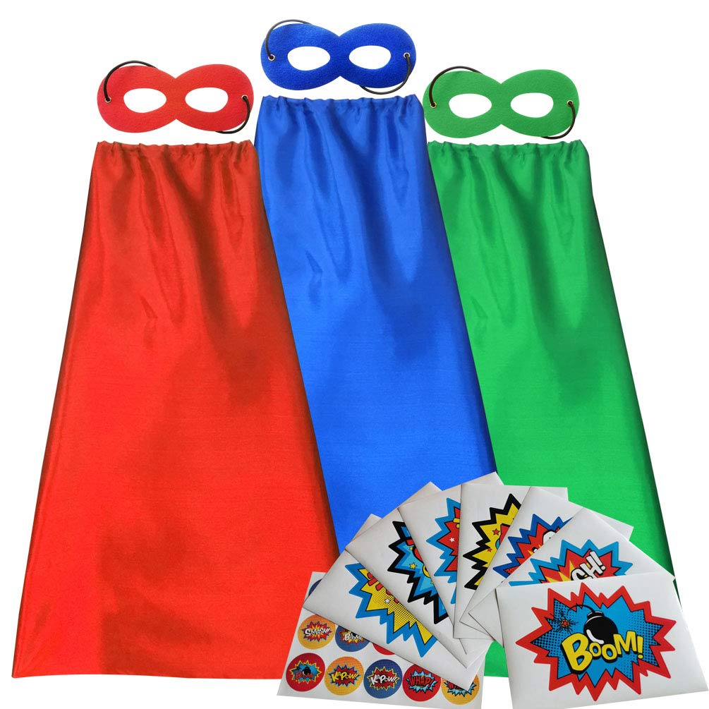Adjoy 3 Pack Superhero Capes And Masks For Kids - Christmas Superhero Party Dress Up Costume - Red Green Blue