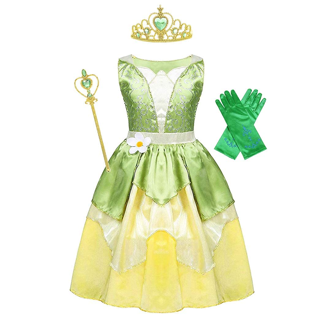Wonderbabe Green Fairy Tale Princess Tiana Dress Fancy Birthday Party Dresses Halloween Christmas Party Dress Up Role Play Dress