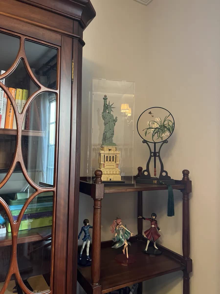 Thickened Clear Acrylic Display Case Assemble Box Storage Stand For Lego 21042 Liberty Statue Figures With Black Wood-Plastic Ba
