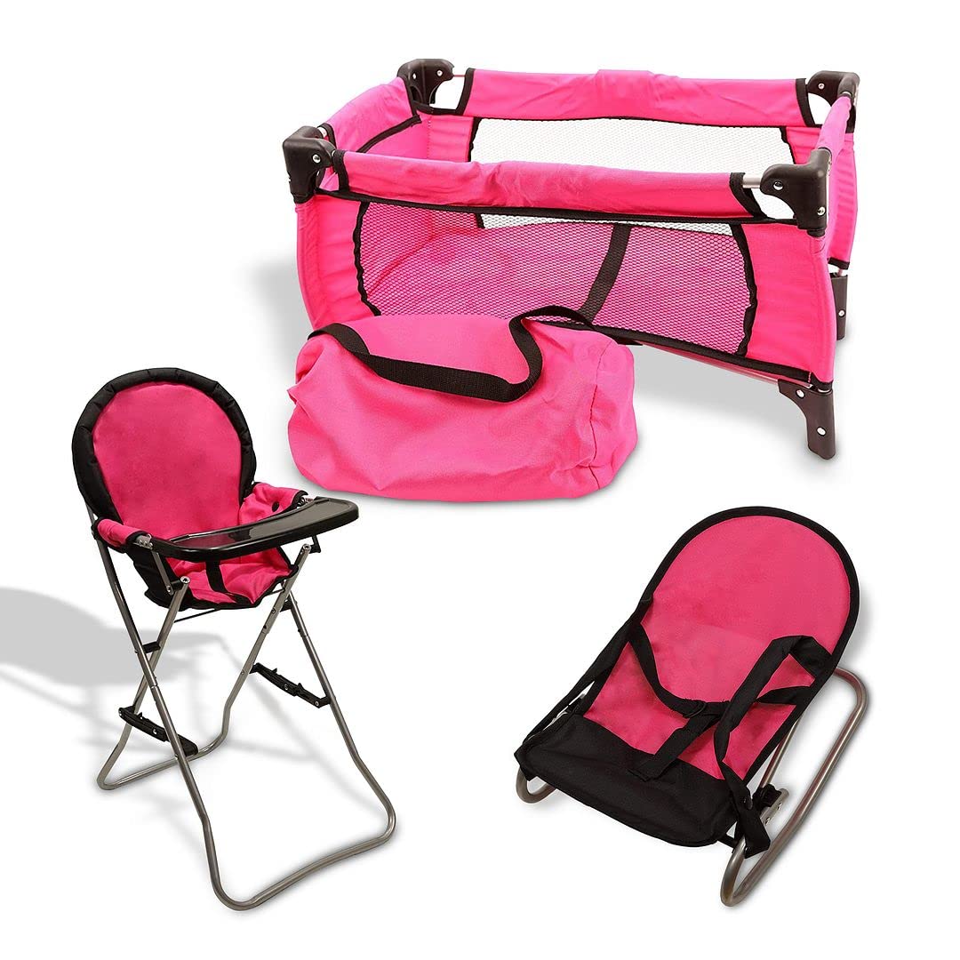 Pink Baby Doll Accessories Set - 3 In 1 Baby Doll Furniture Set With Baby Doll High Chair, Baby Doll Crib, Baby Doll Bouncer Seat, Baby Doll Bed Set For 18” Doll - Play Baby Doll Toys For 18' Dolls