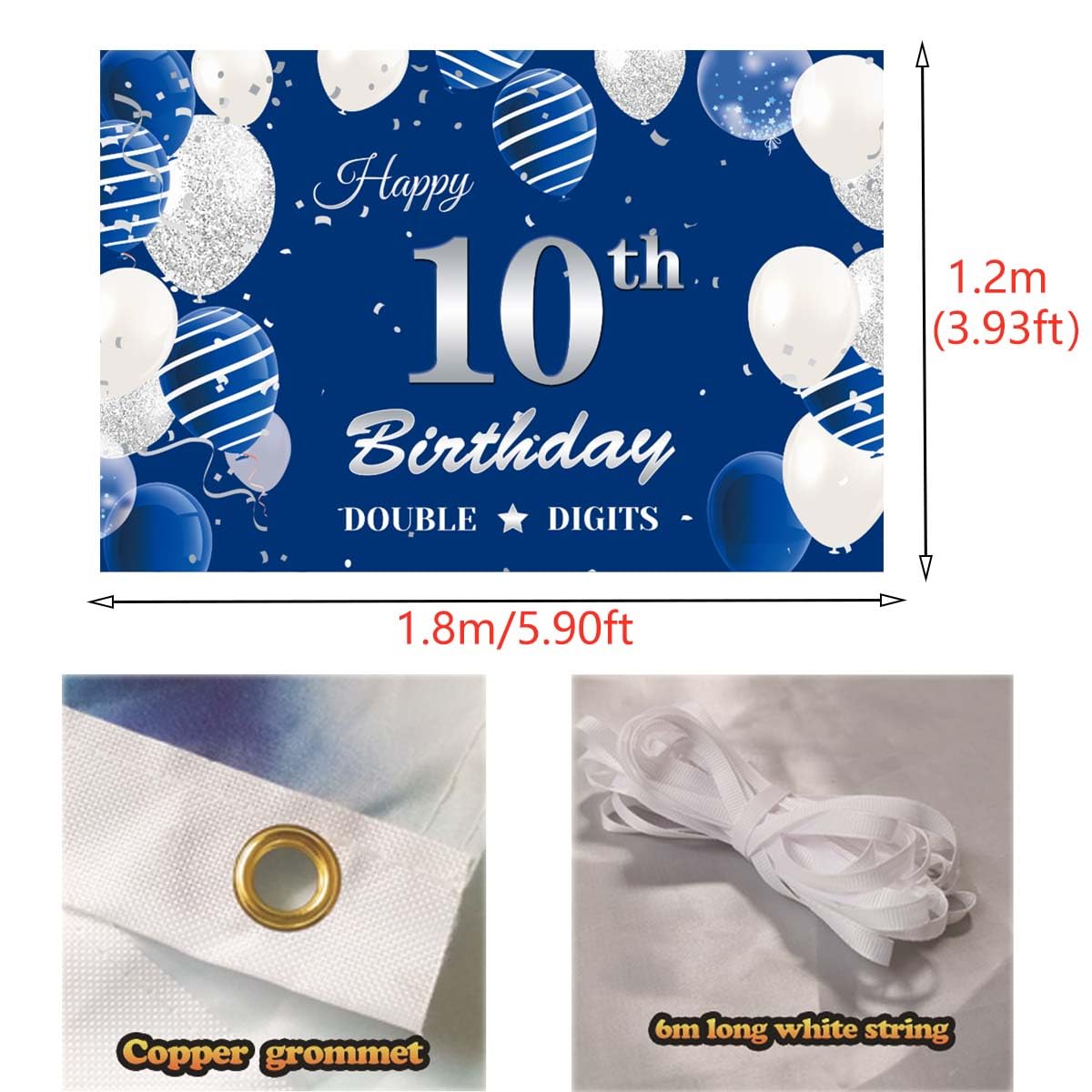 10Th Birthday Backdrop Banner, Double Digits 10Th Birthday Photography Background Blue Silver, Happy 10Th Birthday Decoration Fo
