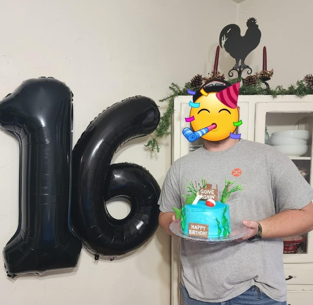 Paticool 16 Number Balloon Black, 40 Inch Large 16/61 Number Foil Mylar Balloons For 16Th Birthday Party Celebration Decorations