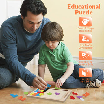 Coogam Wooden Blocks Puzzle - 40 Pcs Brain Teasers, Basswood Tangram Game, STEM Educational Gift for Kids