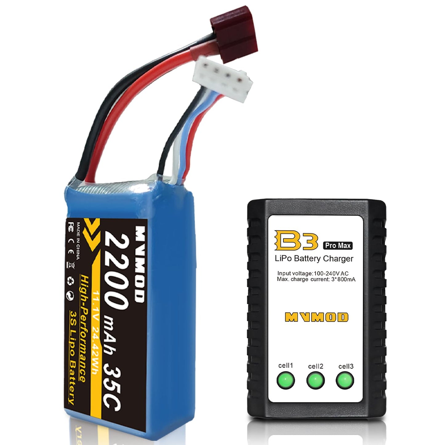 MVMOD 3S LiPo Battery with Charger Kit, 2200mAh 11.1V 35C Lipo Battery with Deans T Connector for RC Airplane RC Quadcopter Heli