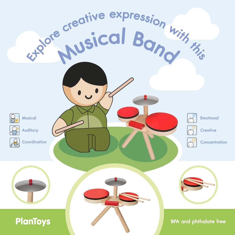 PlanToys Musical Band Toddler Drum Set Sustainably-Made with 2 Different-Sized Drums, Pair of Rubber-Coated Drumsticks, Cymbal,