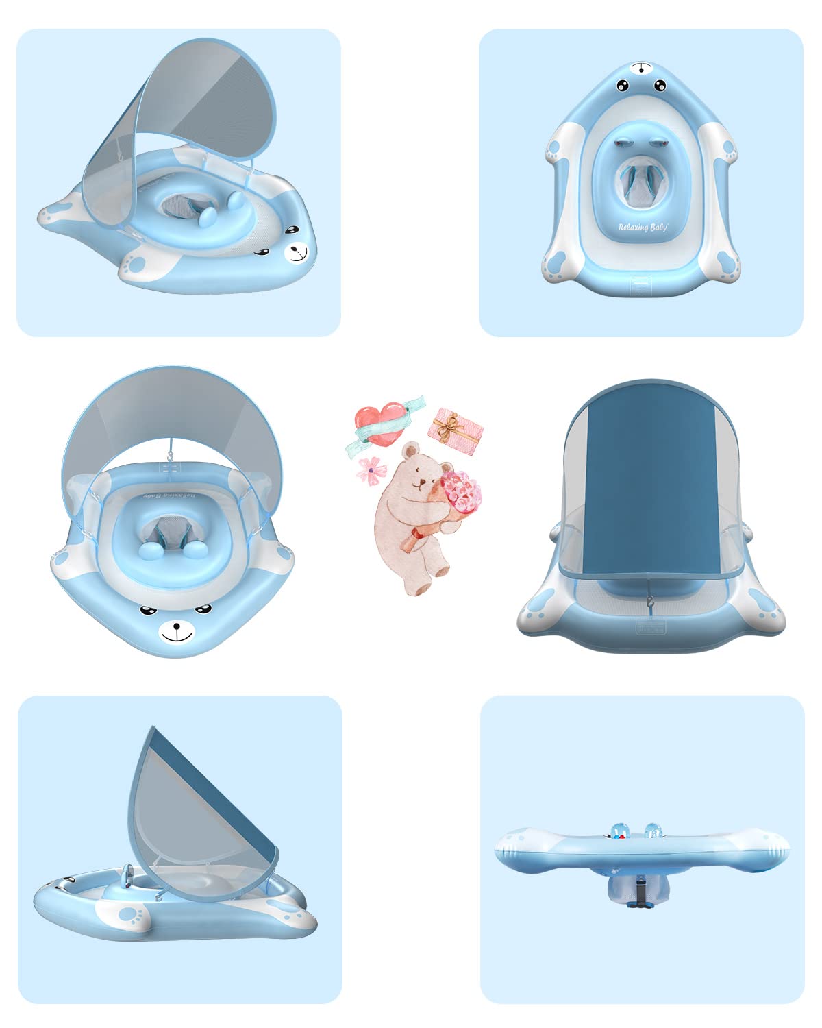 Relaxing Baby - Double Float with Adjustable Safety Seat,Canopy UPF 50+ Sun Removable,Inflatable Animal Style Float,Swimming Flo