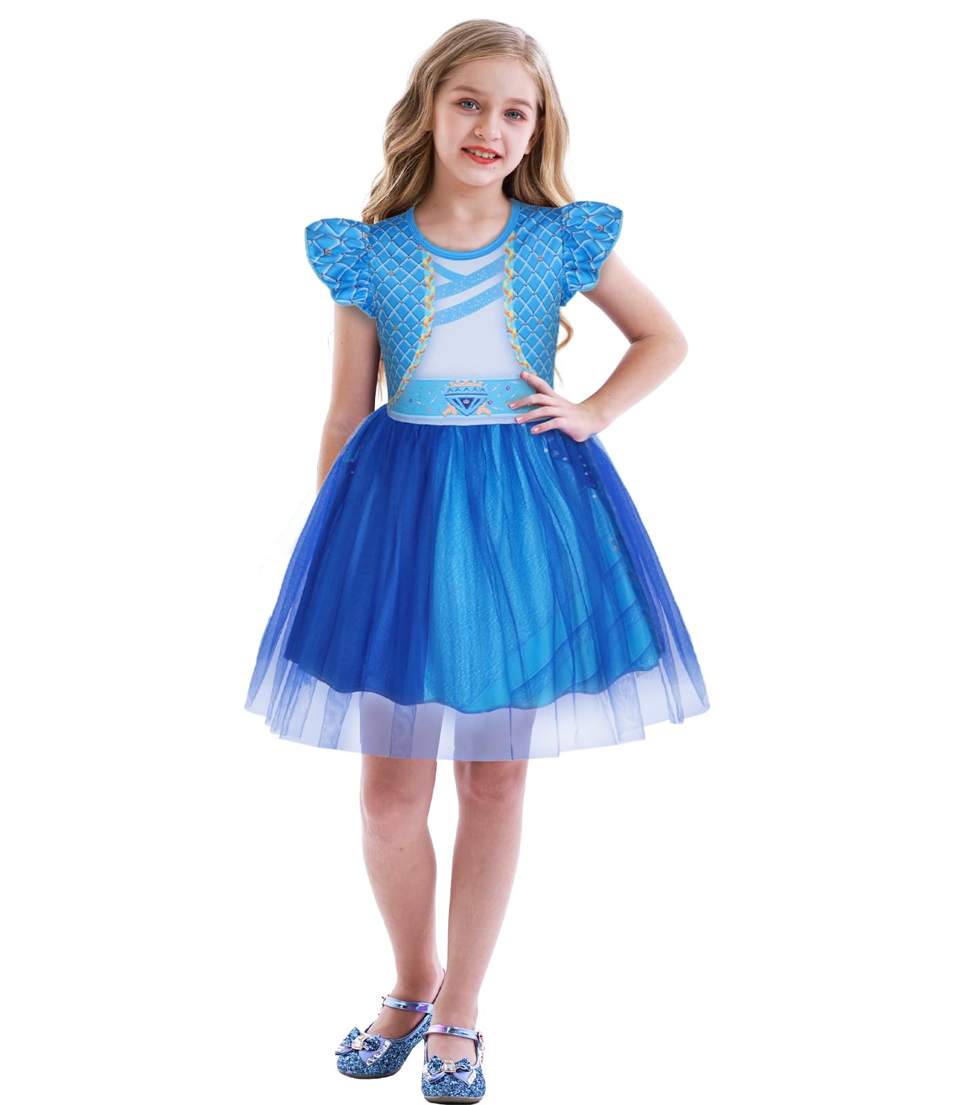 Wonderbabe Chloe Descendants Costume Girls Rise Red Costume Blue Dress Birthday Party Outfits Princess Dress Up Tulle Mesh Dress