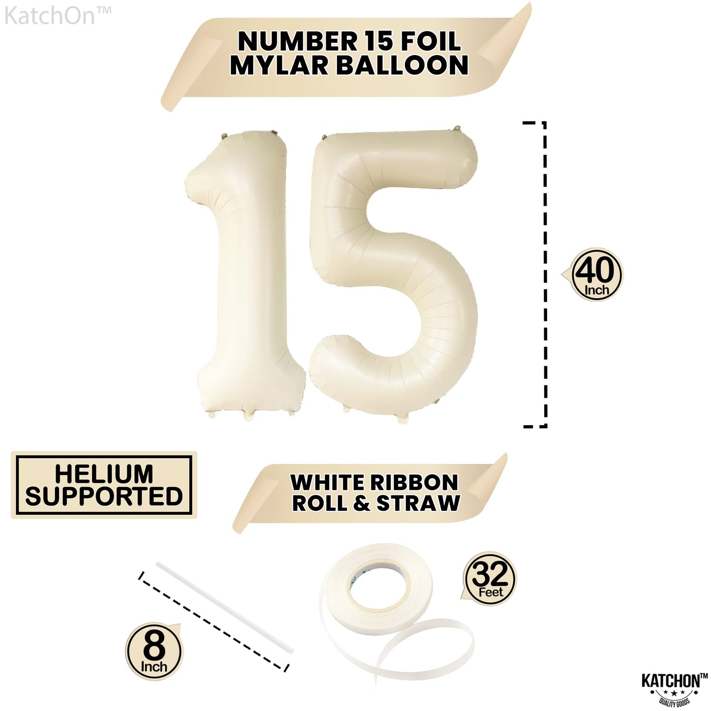 Katchon, Gaint Cream White 15 Balloons Number - 40 Inch | 15 Birthday Balloon Decor | Number 15 Birthday Decorations | Number 15 Balloon | 15 Year Old Balloon For 15Th Anniversary Party Supplies