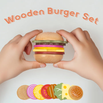 WOODENFUN Pretend Play Food Set for Kids,Wooden Fast Food Playset with Tray Hamburger Cola Fries Combo,Play Kitchen Accessories