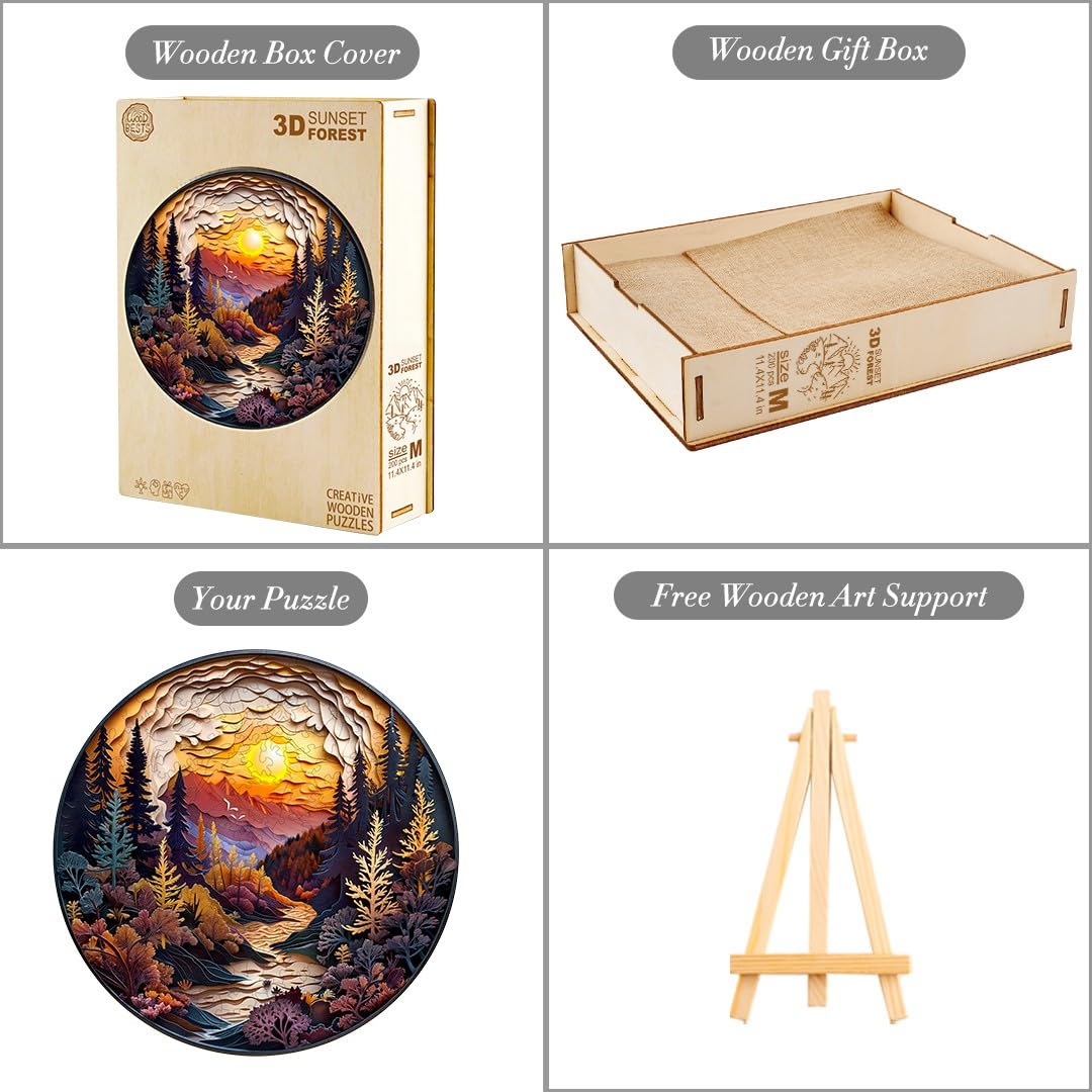 Wooden Puzzles for mature-themeds Fathers 3D Visual Effect Sunset Forest Wooden Jigsaw Puzzle Kids Unique Shape Wood Puzzle mature-themeds Birthday Gift Family Games (S-8.5 * 8.5in-100pcs)