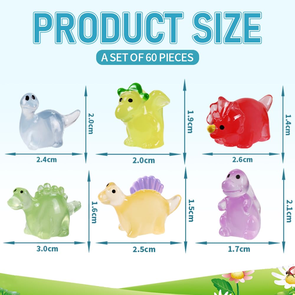 DIYDEC 60pcs Luminous Mini Resin Dinosaur 6 Styles Tiny Small Dinosaurs Glow in The Dark Miniature Animals to Hide Little Dinosa