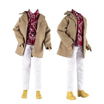E-Ting 10-Item Trench Coat Pack = 5 Sets Fashion Casual Wear Clothes Outfit +5 Pairs Shoes For Boy Doll Random Style (Khaki Long Jacket Overcoat + Casual Wear Clothes +Swim Trunks)