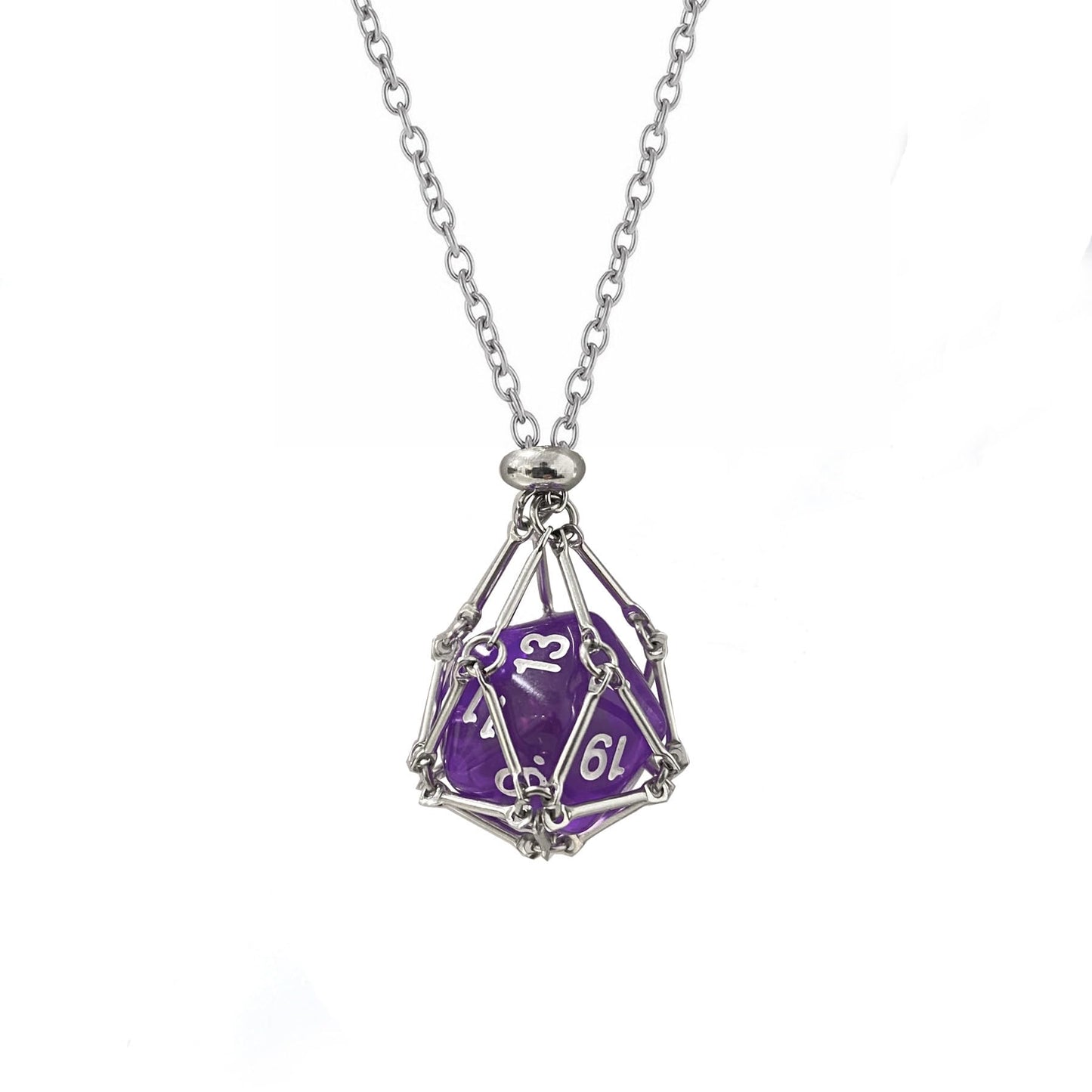 Kingdong DND D20 Dice Necklace - Interchangeable Stainless Steel Cage for d&d Dice, Dice Pendant DND Gift for Dungeon Master, D&D Player and RPG Gamer (Purple) -Like New