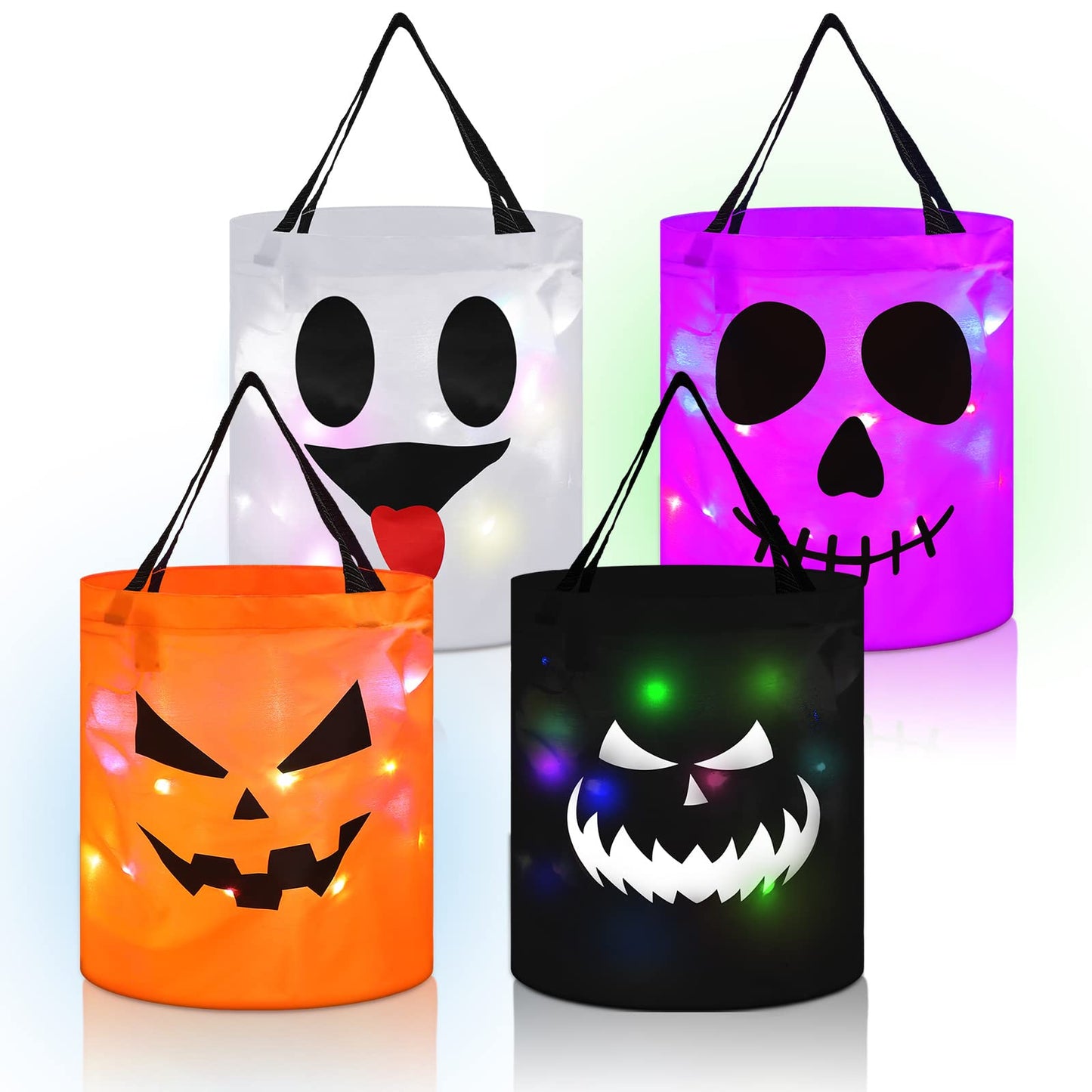 Lincia 4 Pcs LED Light Halloween Bucket Bags Light up Halloween Party Favor Bags with Pumpkin Smile Face Double Layer Light up C