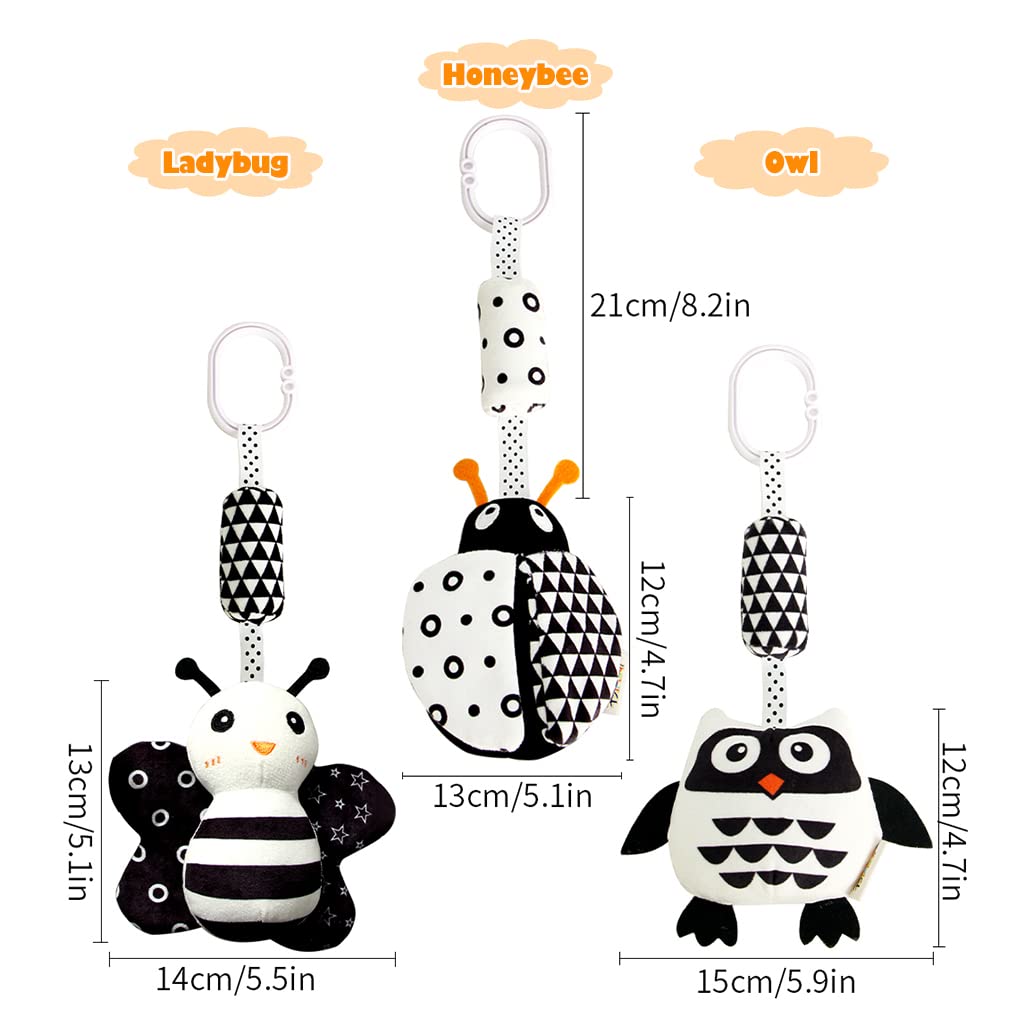 Kakiblin Baby Hanging Toy,3 Pack Black And White Baby Toys For 3 6 9 12 Months, High Contrast Hanging Baby Toys,Plush Soft Stroller Rattles Toys For Boys And Girls(21Cm, Ladybug,Bee & Owl)