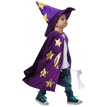 Kids Wizard Witch Cloak With Hat And Wand, Halloween Boys And Girls Cape Costume Props For Cosplay Party Fancy Dress (Purple)