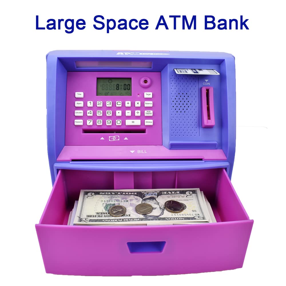 Talking Atm Savings Bank, Digital Piggy Bank, Atm Money Coins Machine For Kids Birthday Gift (Purple/Purple)