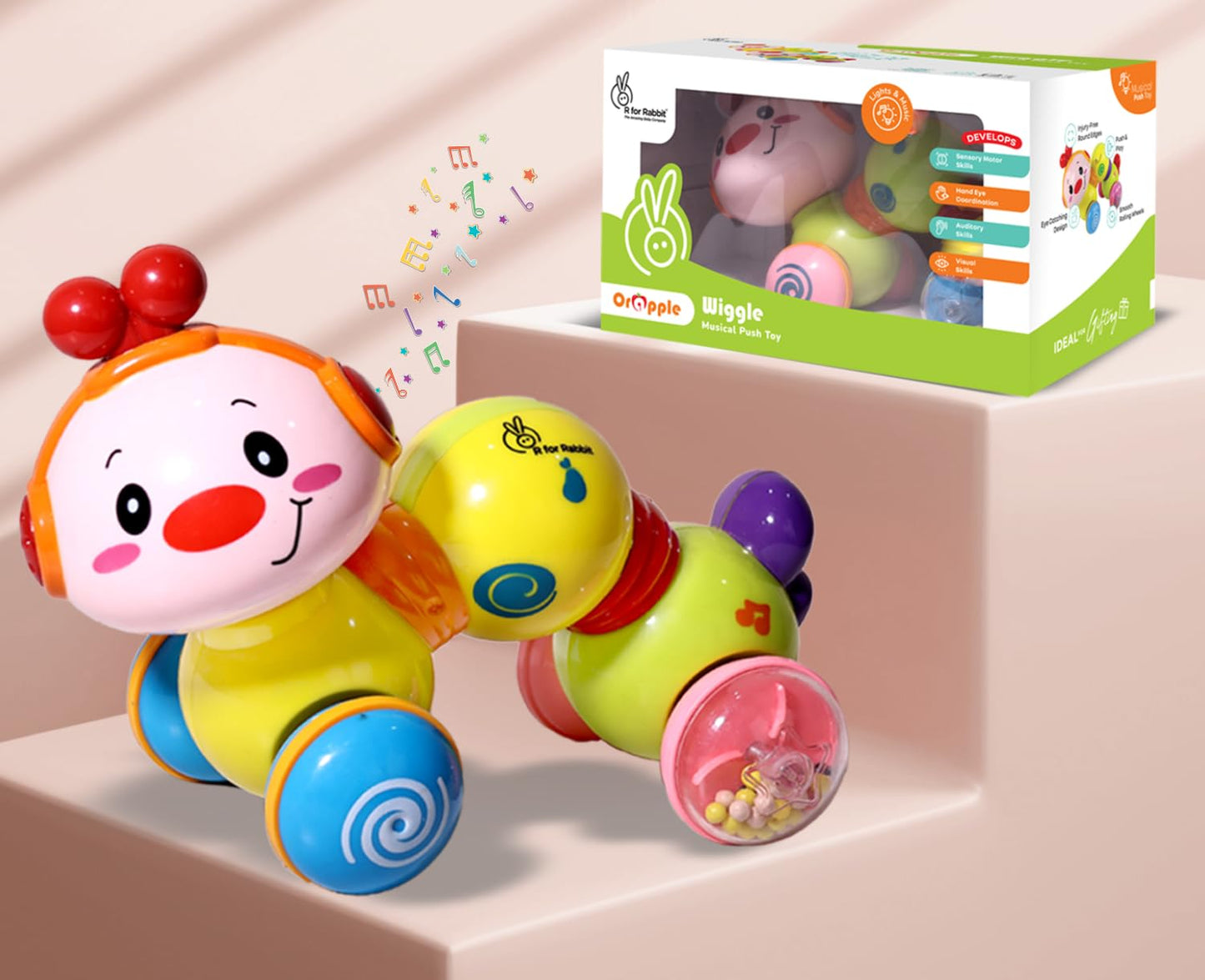 R For Rabbit Orapple Wiggle Push And Play Cute Rotating Head Mini Crawling Caterpillar Toy For 1+ Year Kids With Music & Light |