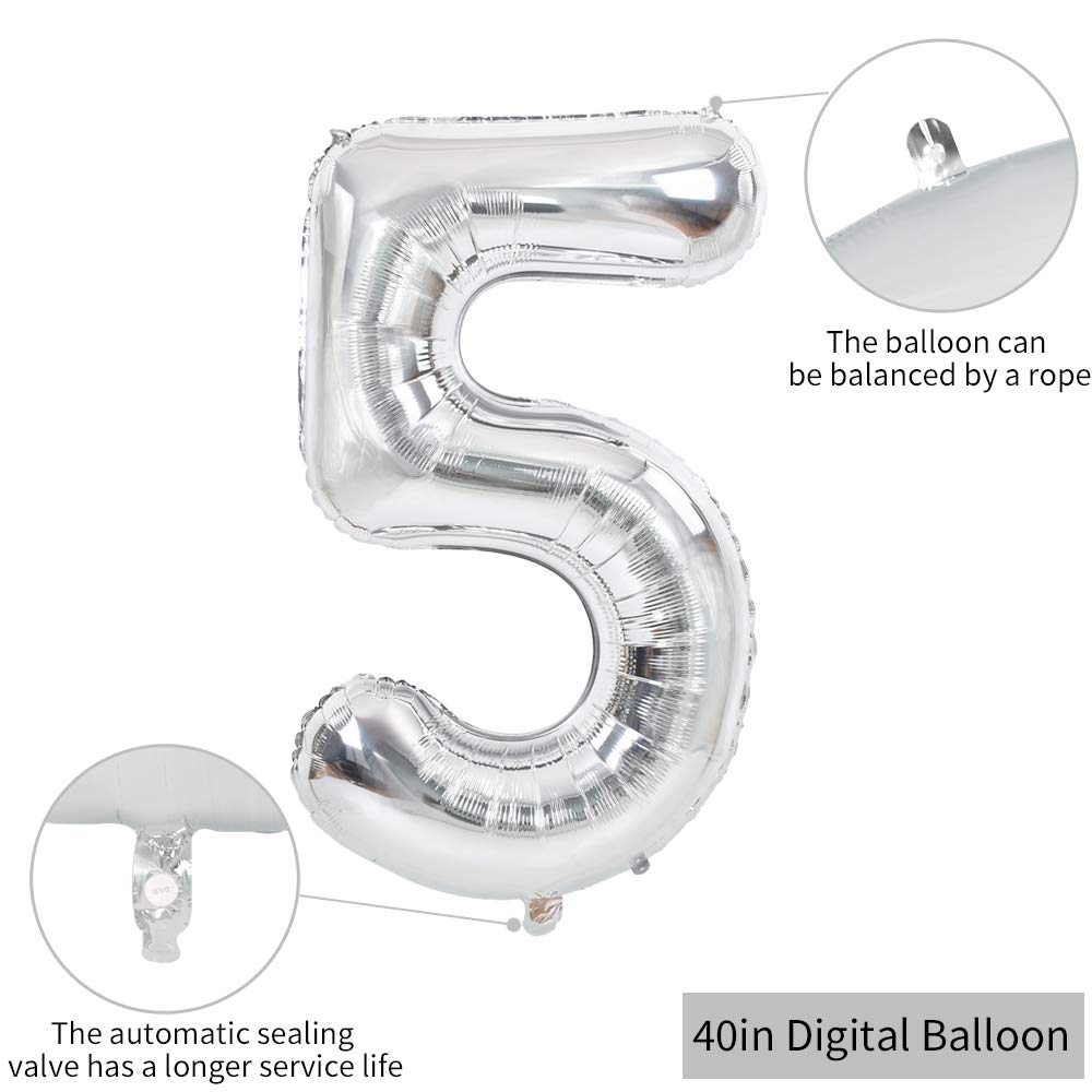 Toniful 40 Inch Silver Large Numbers Balloons 0-9, Number 5 Digital 5 Helium Balloons, Foil Mylar Big Number Balloons For Birthd