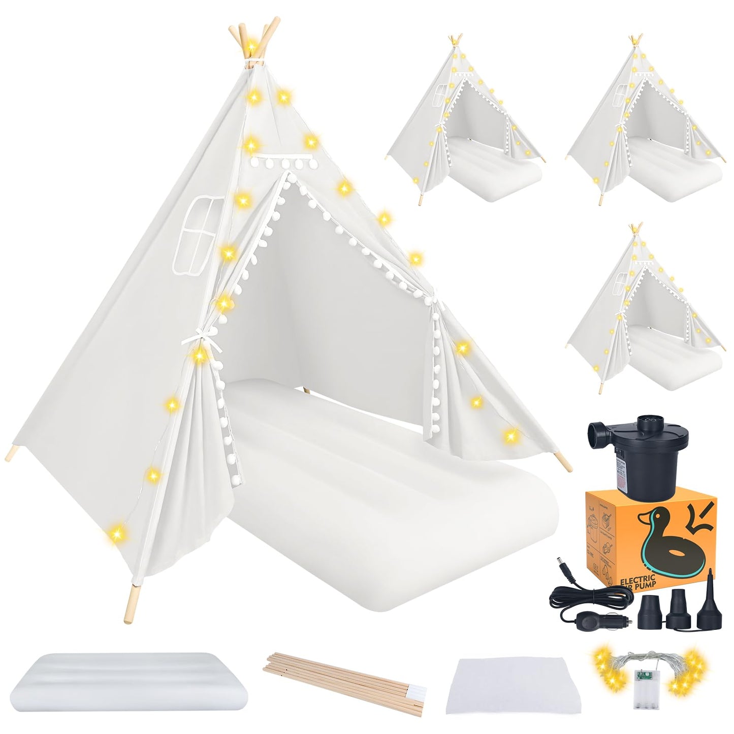 4 Teepee Tent For Kids, Sleepovers Tent For Kids, Inflatable Airbed With Mattresses,Star Lights, Fitted Sheet,Charging Pump, Bir
