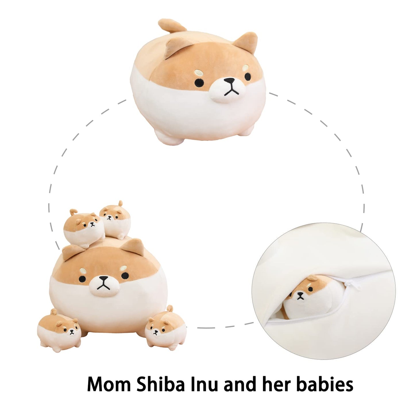 SQEQE Shiba Inu Plush Toy with 4 Baby Plushies, Soft Cotton Stuffed Animal Gift for Kids, Adorable Shiba Inu Design