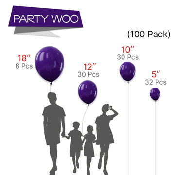 PartyWoo Purple Balloons Pack - 100 pcs, 18/12/10/5 Inch Rubber Balloons for Birthday, Halloween, Graduation Decorations - Royal Purple-Y16