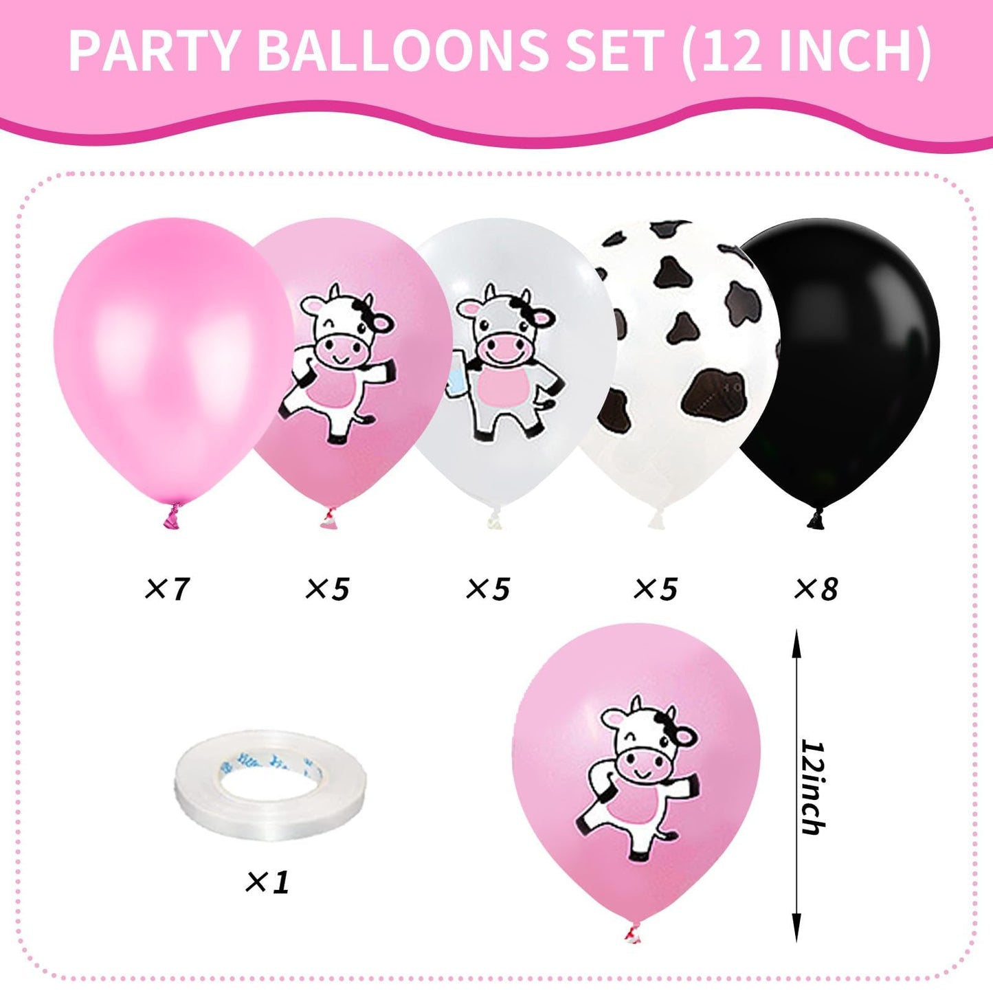 Cow Balloons, 12 Inch Pink White Black Cow Print Balloon Colorful Funny Animal Cartoon Pattern Balloons For Girls Cow Theme Part