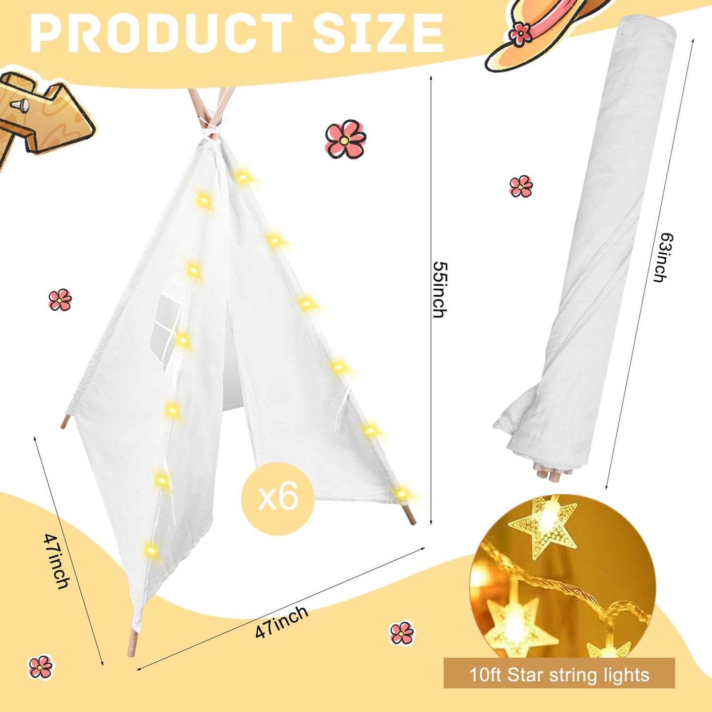 Mbjzsl 6 Packs Teepee Tent For Kids With 10Ft String Lights, Indoor Outdoor Play Teepee Tent For Girls & Boys, Foldable Tents Fo