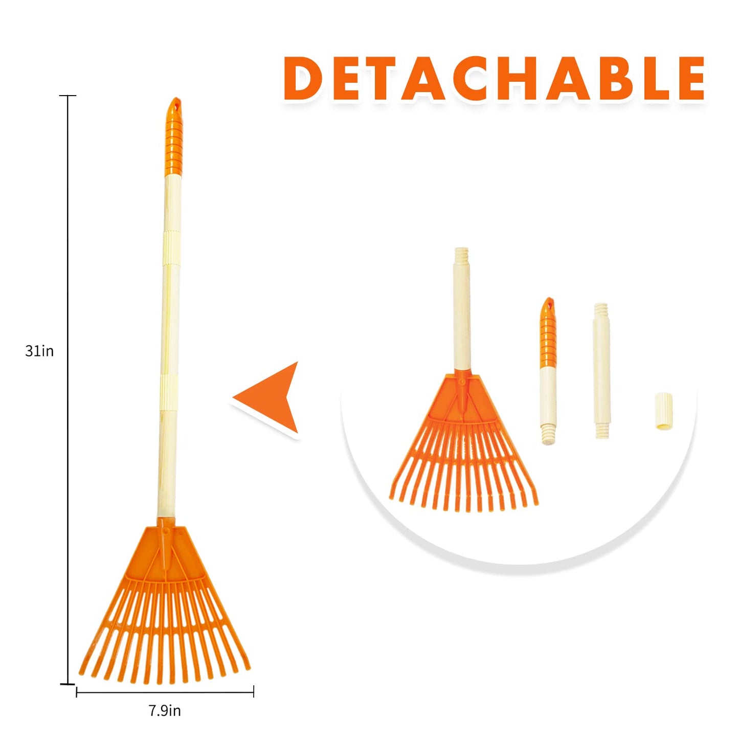 Pomiku Kids Rakes, 4 Pieces 31'' Heavy Duty Lawn Rakes For Leaves, Child Size Plastic Rakes With Wooden Handle, Gardening Tools