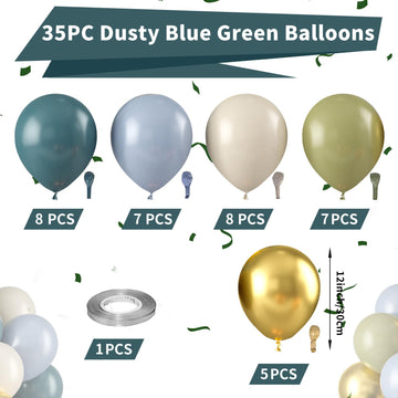 Paready Dusty Blue Green Balloons - Rubber, Boho Birthday & Wedding Decorations, Sage Green & Metallic Gold