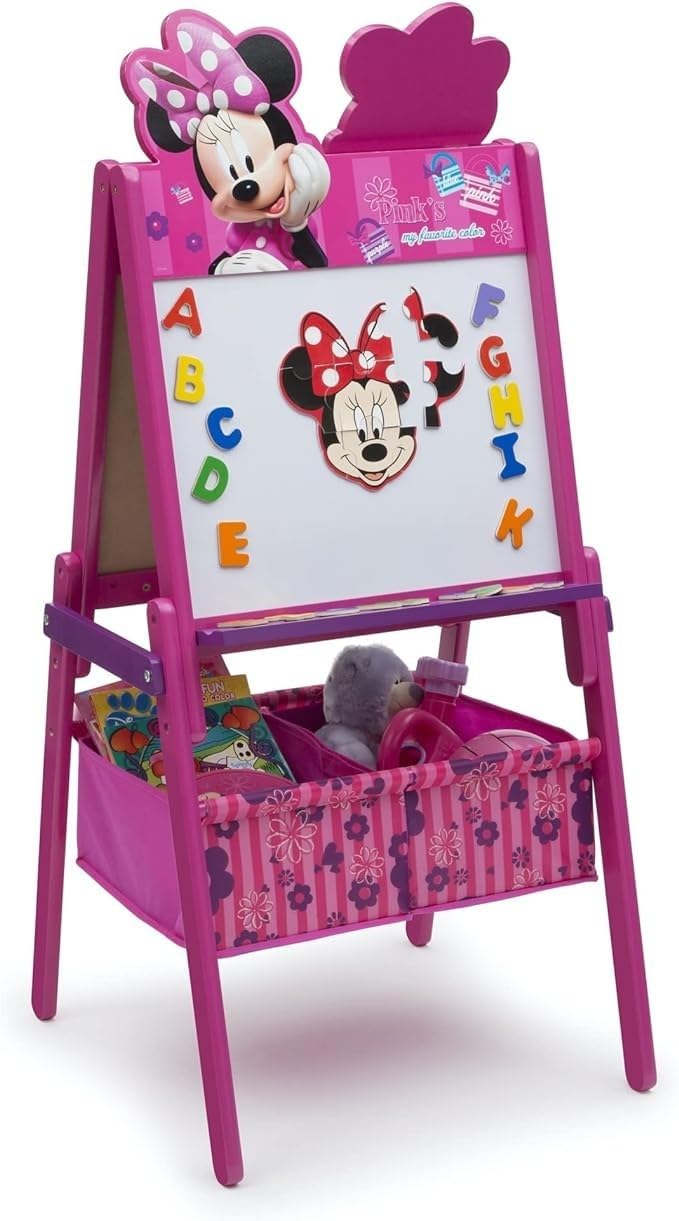 Delta Children Wooden Double-Sided Kids Easel with Storage -Ideal for Arts & Crafts, Homeschooling and More, Disney Minnie Mouse