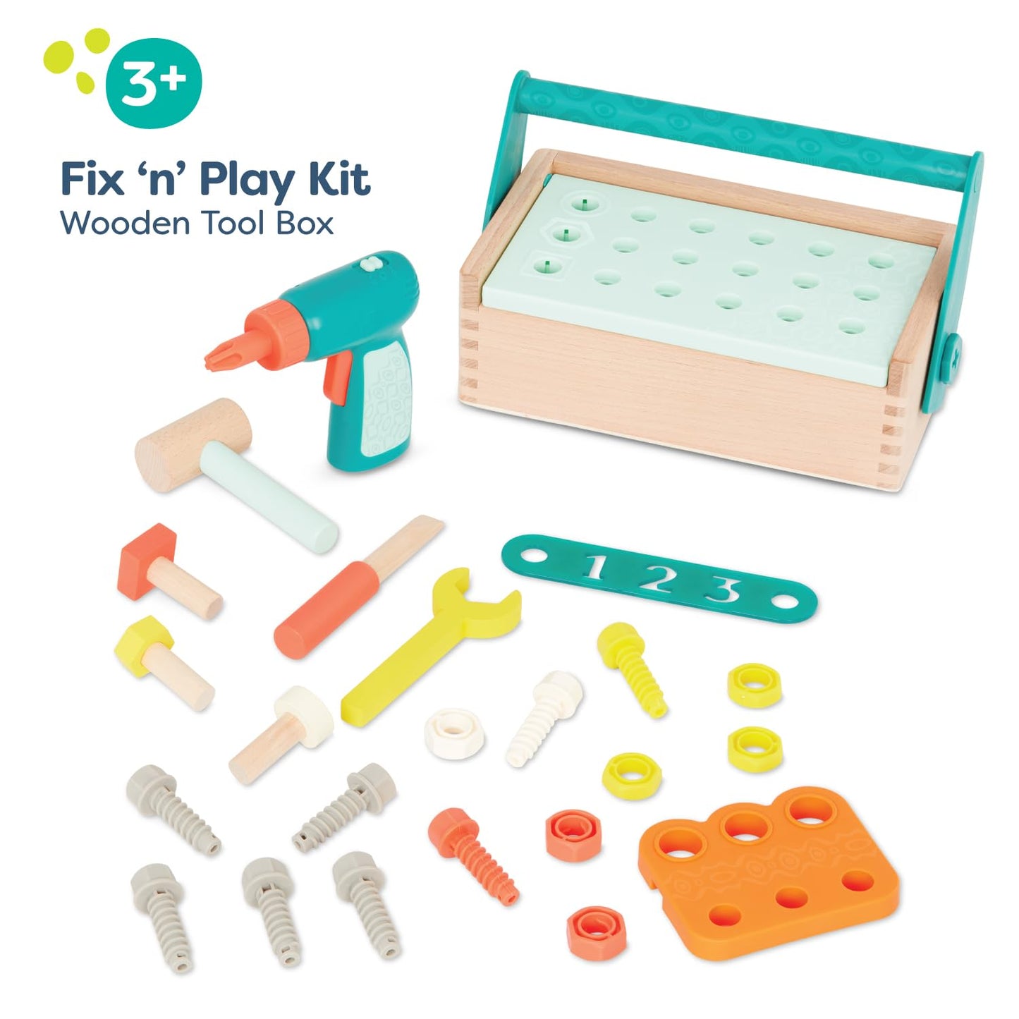 B. toys- Fix n Play Kit- Pretend Play Tool Box - Wooden Toolbox & Accessories (25 Pcs) - Carpenter Set for Kids - Play Set with