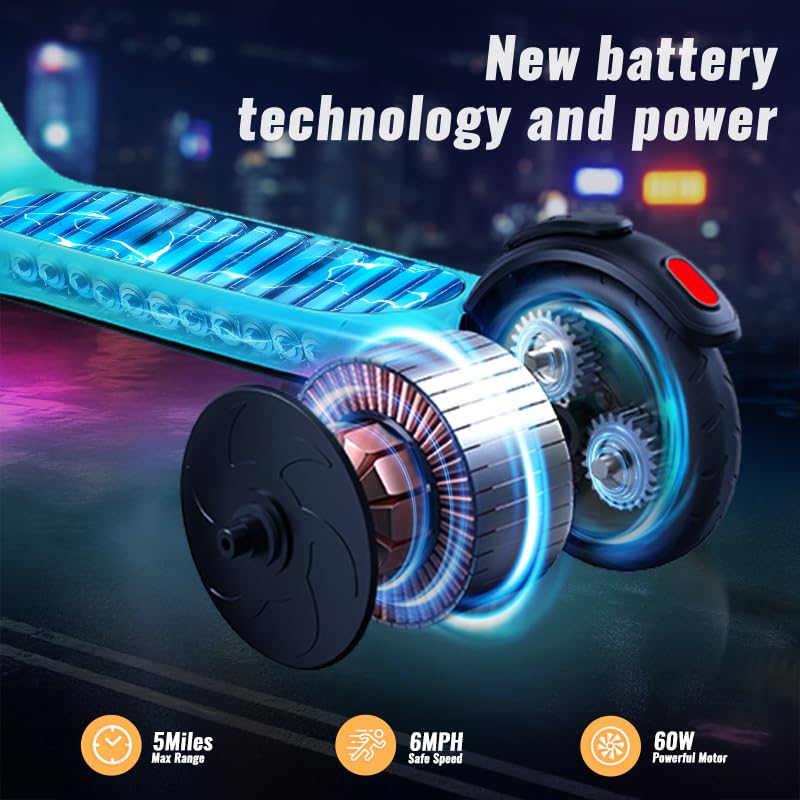 LIEAGLE Electric Scooter For Kids Age 6-12, 60W Motor, 5Miles Range, 6.2mph, 5.3 Rubber Tires w/RGB Wheel Lights & 7-Color Headl