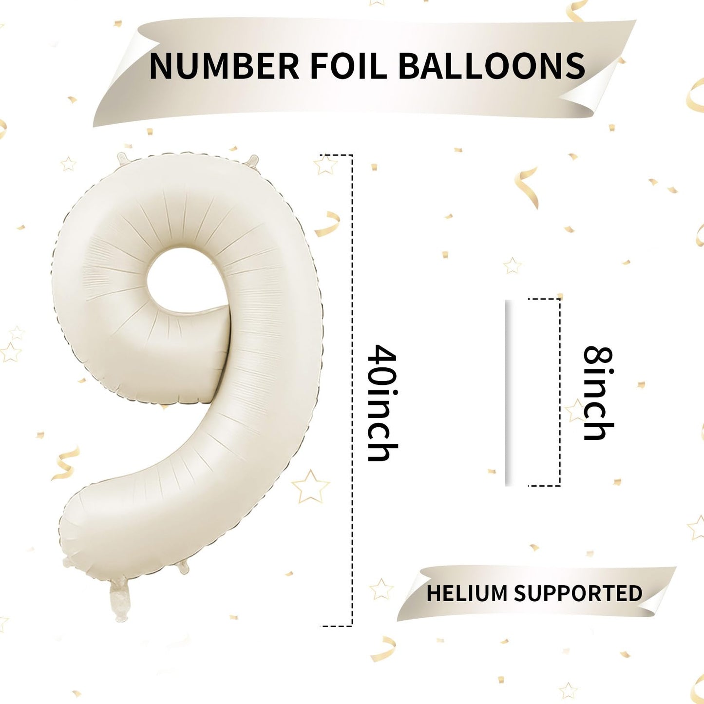 40 Inch Cream Number 9 Balloon, Beige Large 9Th Birthday Balloons, Digital 9 Cream White Giant 9 Foil Balloon Helium For Boys Gi