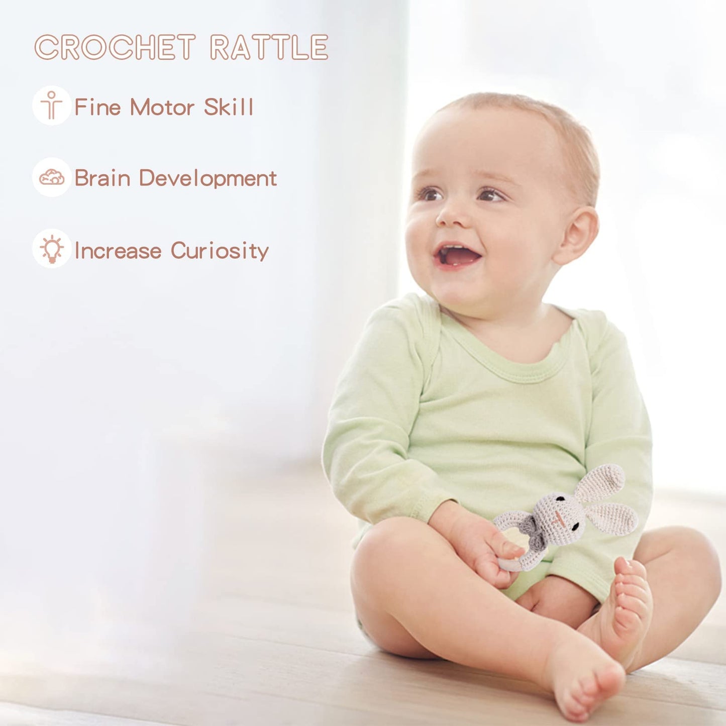 Youuys Wooden Baby Rattle Toys, Easter Bunny Rattle For Baby Crochet Bunny Rattle Toy Natural Wood, Shaker Rattle For Hand Grips, Boy Girl First Rattle Gift, Newborn Gifts (Bunny)