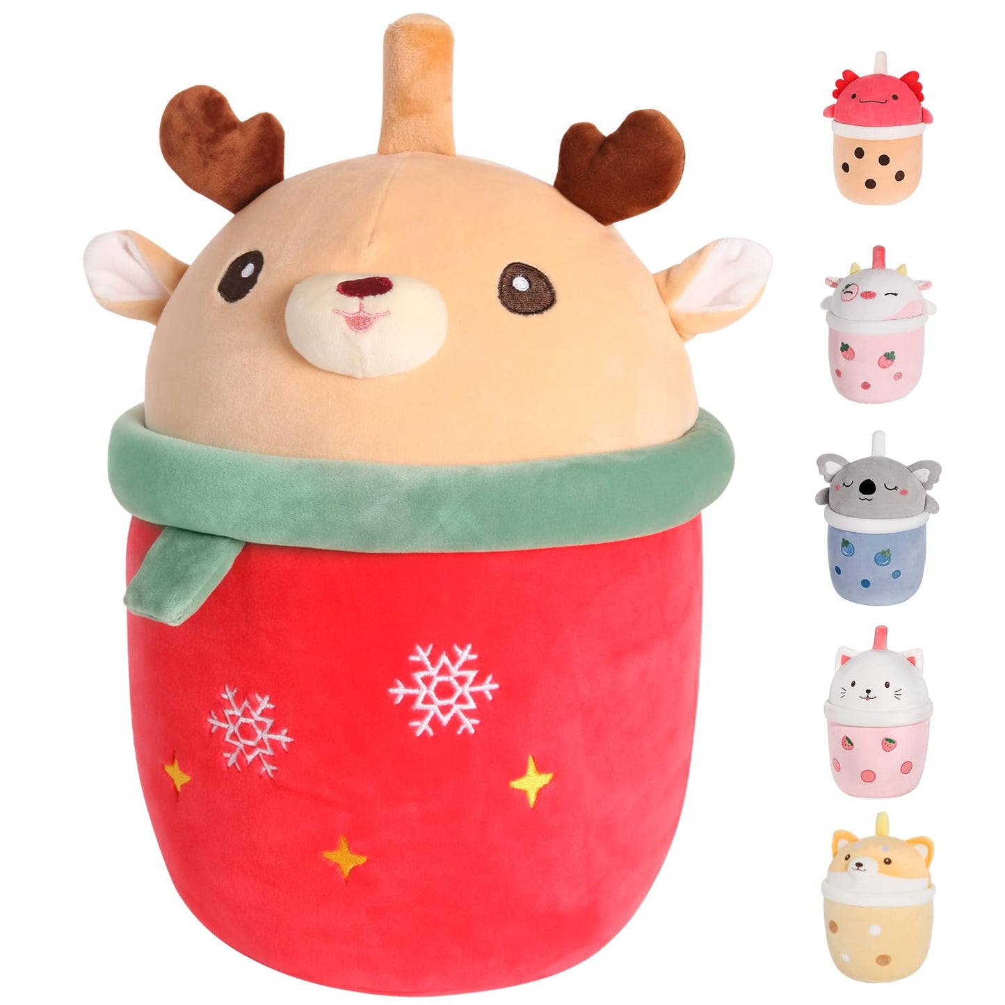 MMguai 14 inch Cute Christmas Deer with Green Scarf,Boba Bubble Tea Plush Soft Pillow Plushies,Large Deer Milk Tea Stuffed Anima