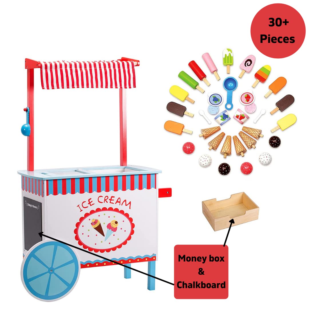Ice Cream Cart Kids Pretend Play Stand- 33+ Pc Accessories, Realistic Premium Wooden Toy Set, Money Box, Chalkboard & Icecream T