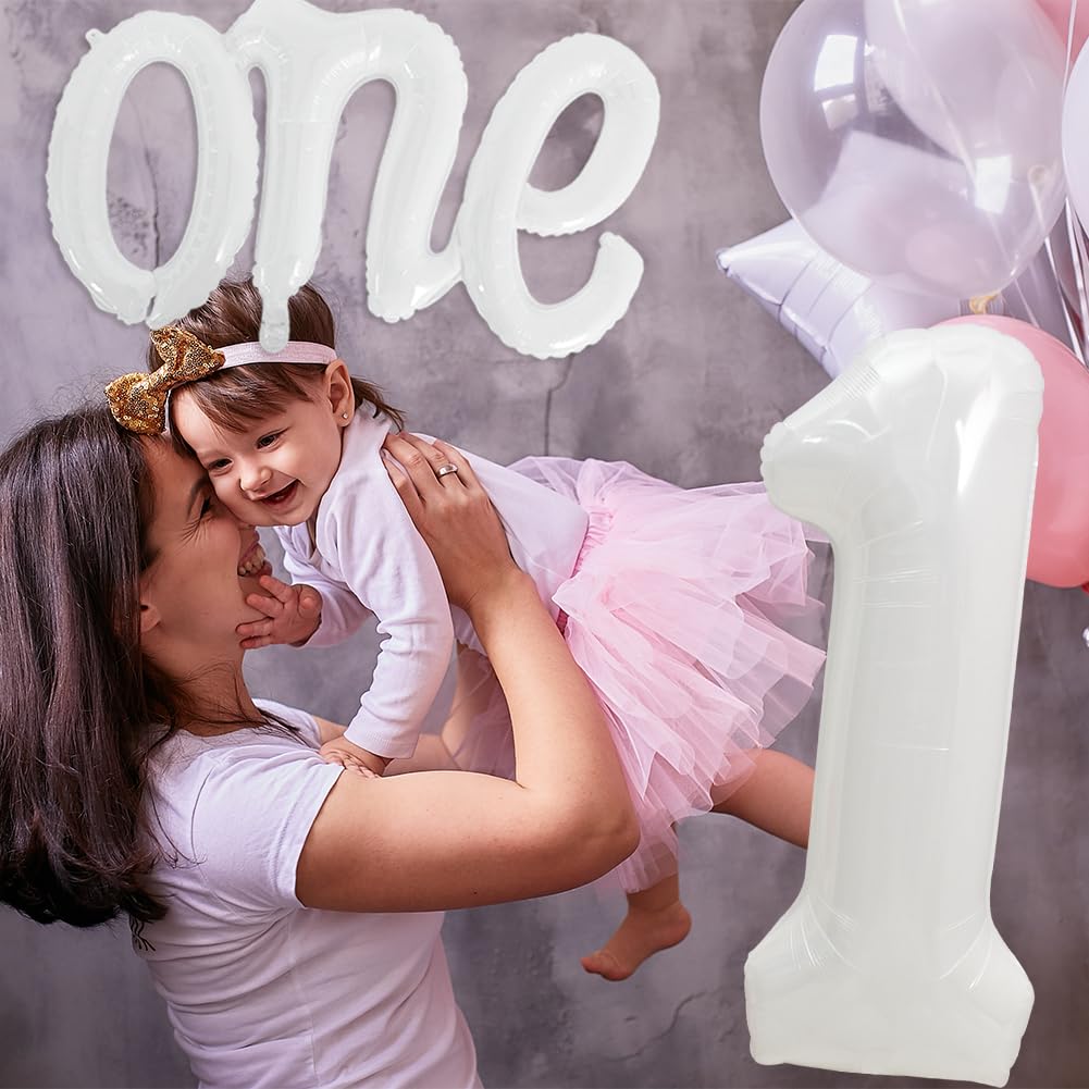 Toniful 40 Inch Giant White Number 1 Balloon,Mylar Foil Script Cursive Letter 1 Balloon Banner For Boys Girls Kids First Birthda