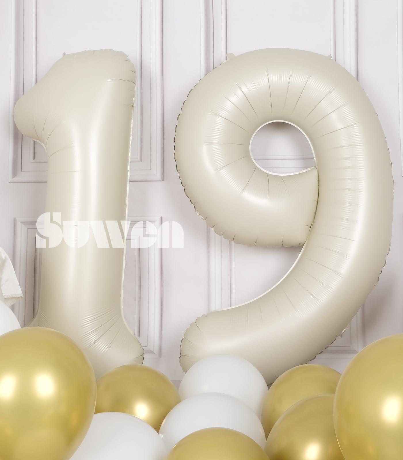 Suwen 40 Inch Cream White Large 19 Number Balloons Big Foil Helium Number Balloons 0-9 Jumbo Happy 19Th Mylar Birthday Party Dec