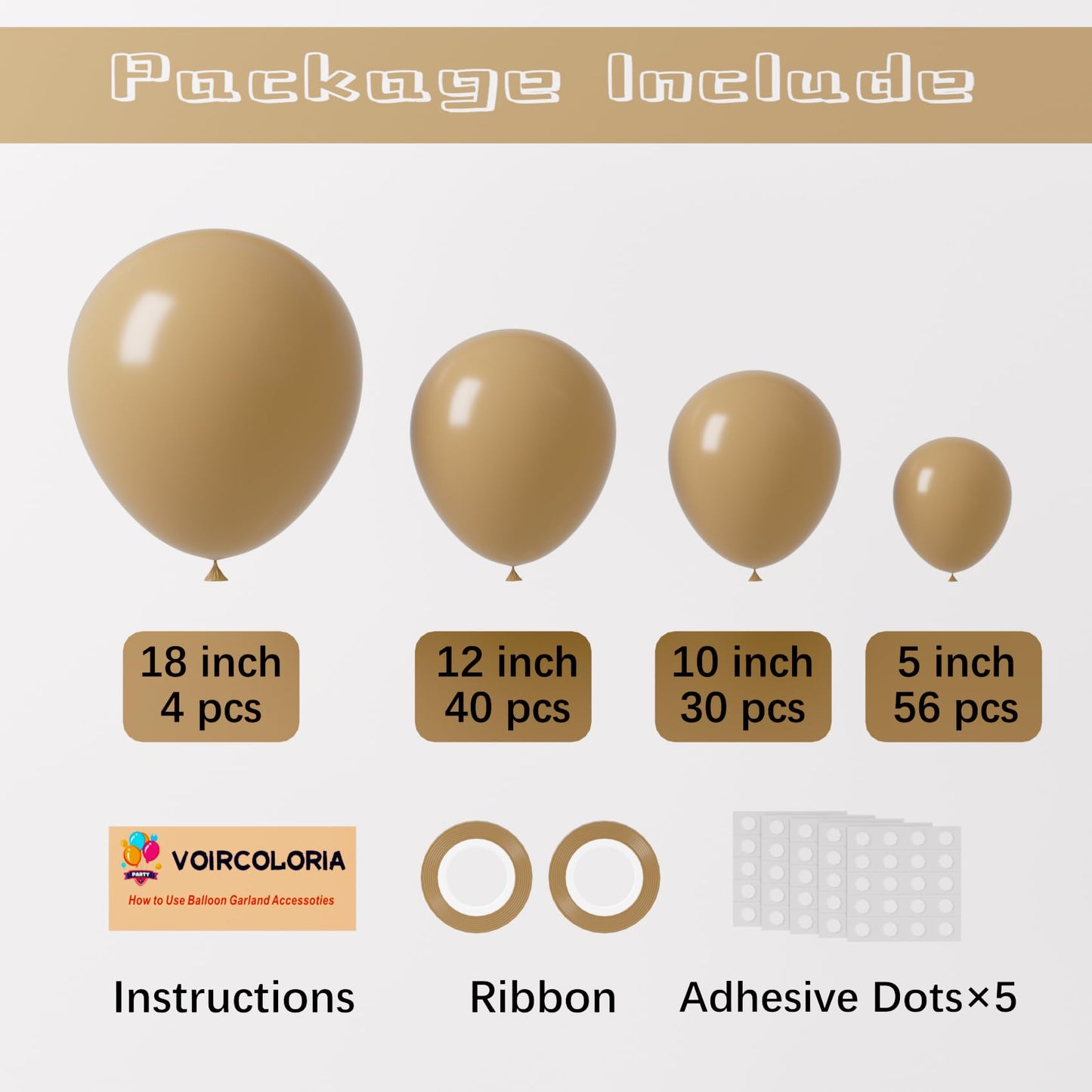 Voircoloria 130Pcs Tan Balloons Different Sizes 18'' 12'' 10'' 5'' Light Brown Latex Balloon Garland Arch Kit For Birthday Baby
