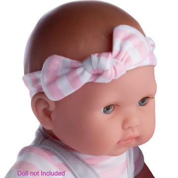 Jc Toys | Berenguer Boutique | Baby Doll Outfit | Gray Overall Shorts With Pink Stripes | Includes Headband And Booties | Ages 2+ | Fits Dolls 14'- 16'