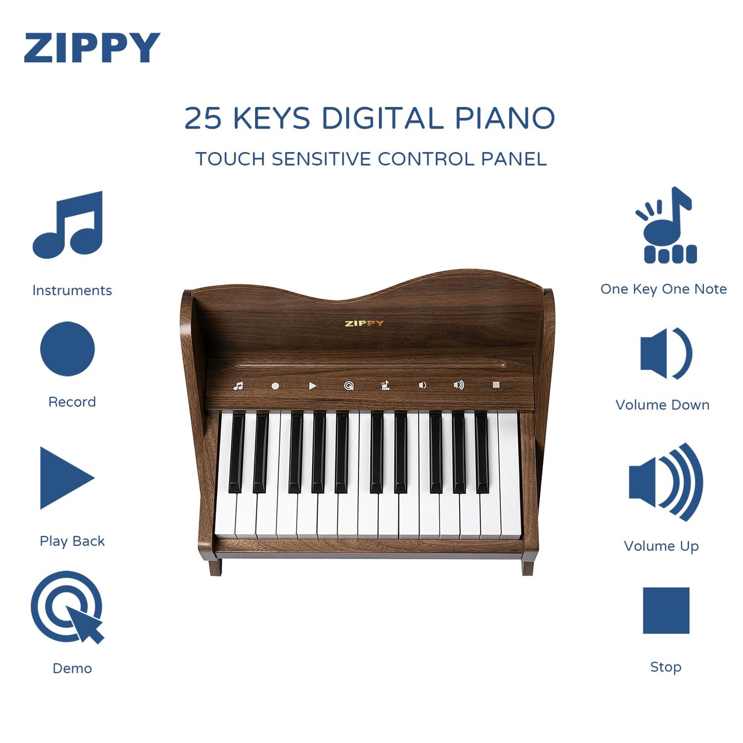 ZIPPY Kids Piano Keyboard - 25 Keys Digital Piano, Touch Sensitive, Adjustable Volume, Walnut Mini Music Toy for Toddlers and Kids
