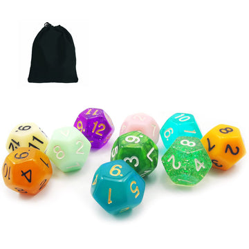 10Pcs Set Of 12 Sided Dice Cube (Numbered 1-12), 10 Count Assorted Random Multi Effected&Colored Pack Of D12 In Drawstring Pouch