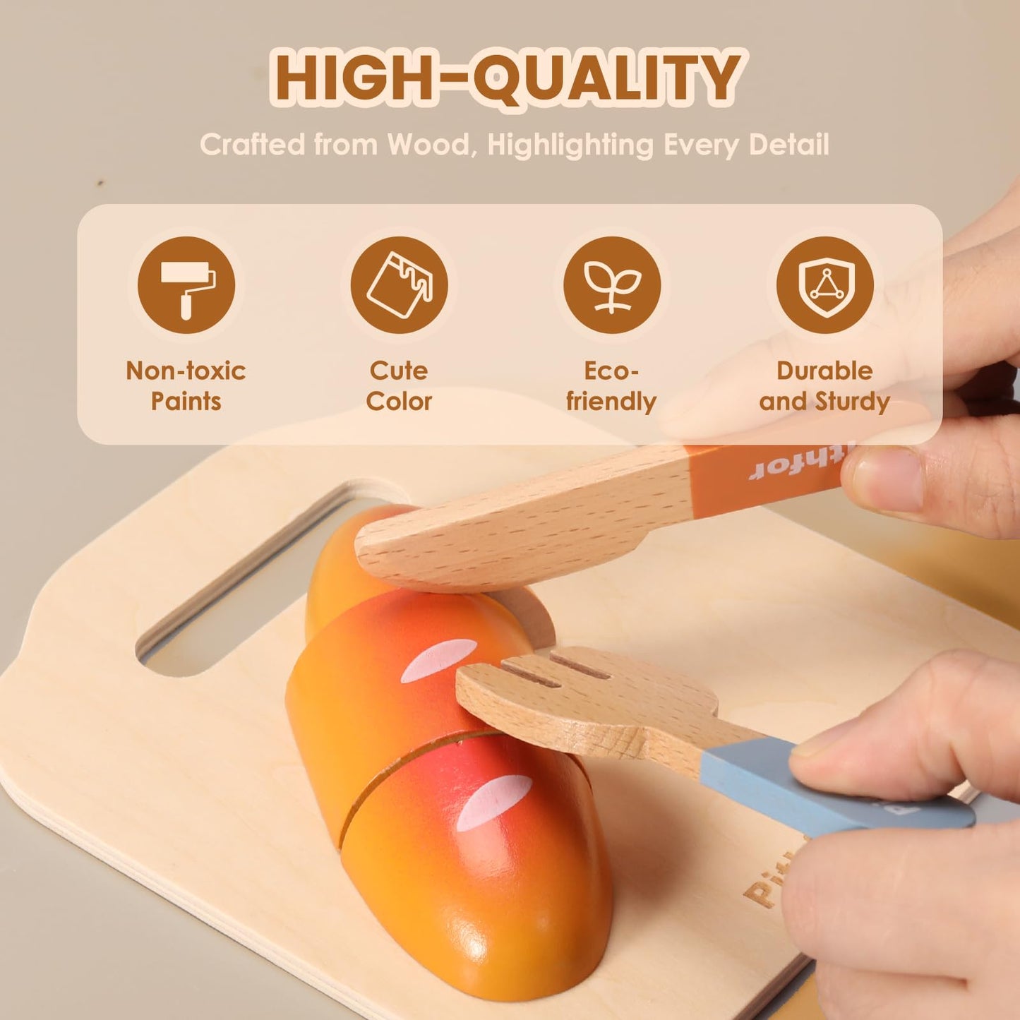 Pithfor Picnic Playset, Wooden Play Food Set for Kids Kitchen, Cutting Pretend Play Kitchen Food Toy for Toddlers Girls Boys 1 2