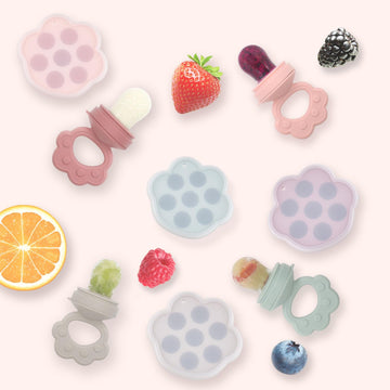 Ginbear Silicone Baby Fruit Food Feeder & Freezer Tray Set of 2, Teething Pacifiers with Popsicle Molds, Mauve/Baby Pink