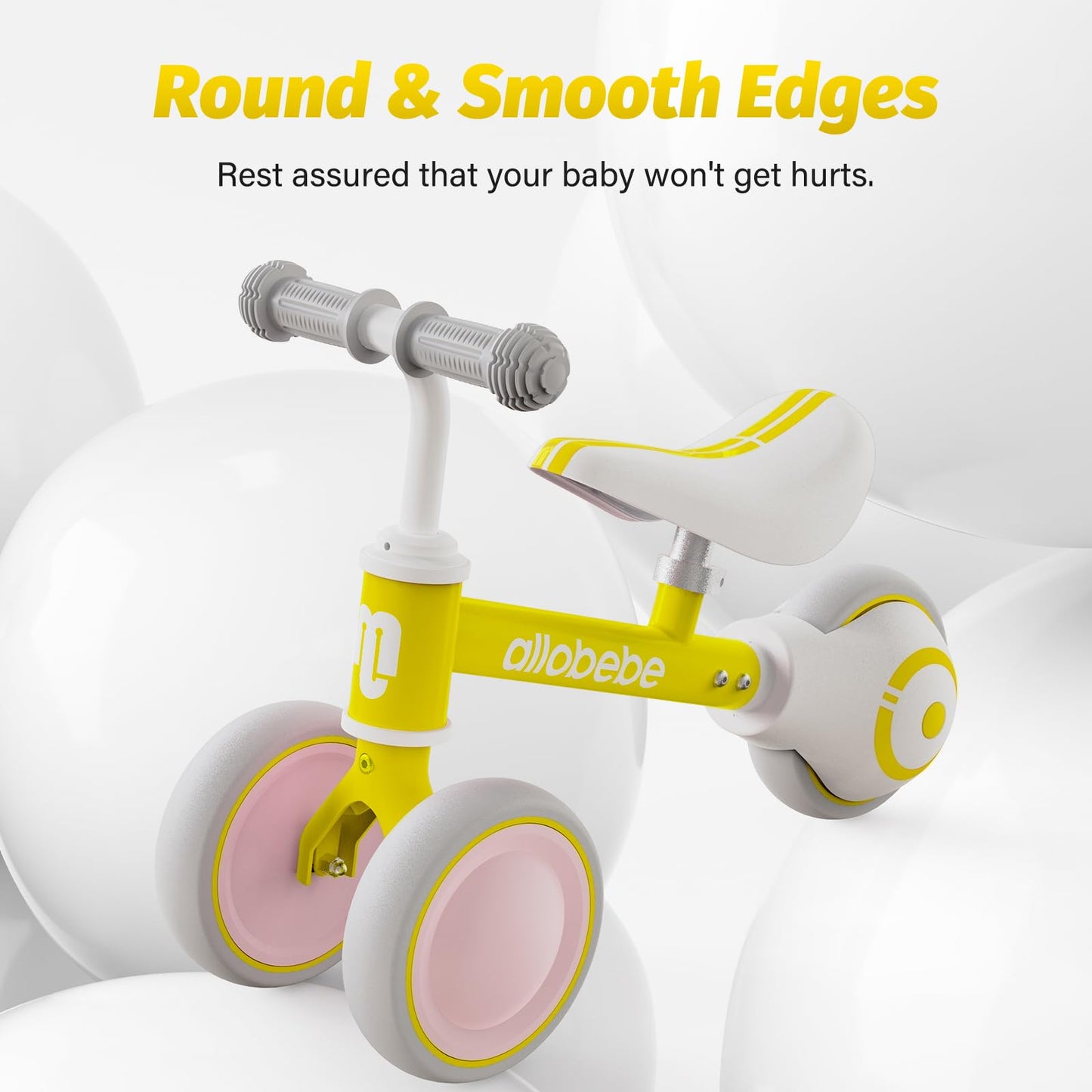 Allobebe Baby Balance Bike, Toddler Bikes Bicycle For 12-36 Months For 1 Year Old Girl And Boy To Scoot Around With Adjustable Seat Smooth Silent 3 Wheels, Shining Yellow