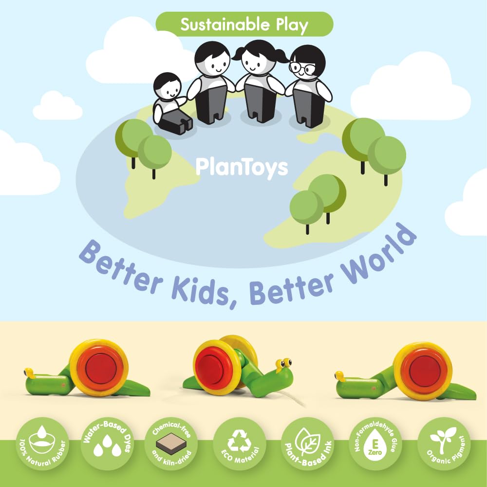 PlanToys Wooden Pull Along Snail Pull Toy (5108) | Sustainably Made from Rubberwood and Non-Toxic Paints and Dyes