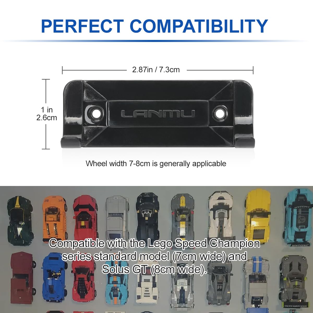 Lanmu 12 Pcs Collectible Car Wall Mount Compatible With Lego Speed Champion Series Car Standard Size And Solus Gt, Black Wall Display Vertical For Wheels Wide 3.15” & 3.15” (7-8Cm)