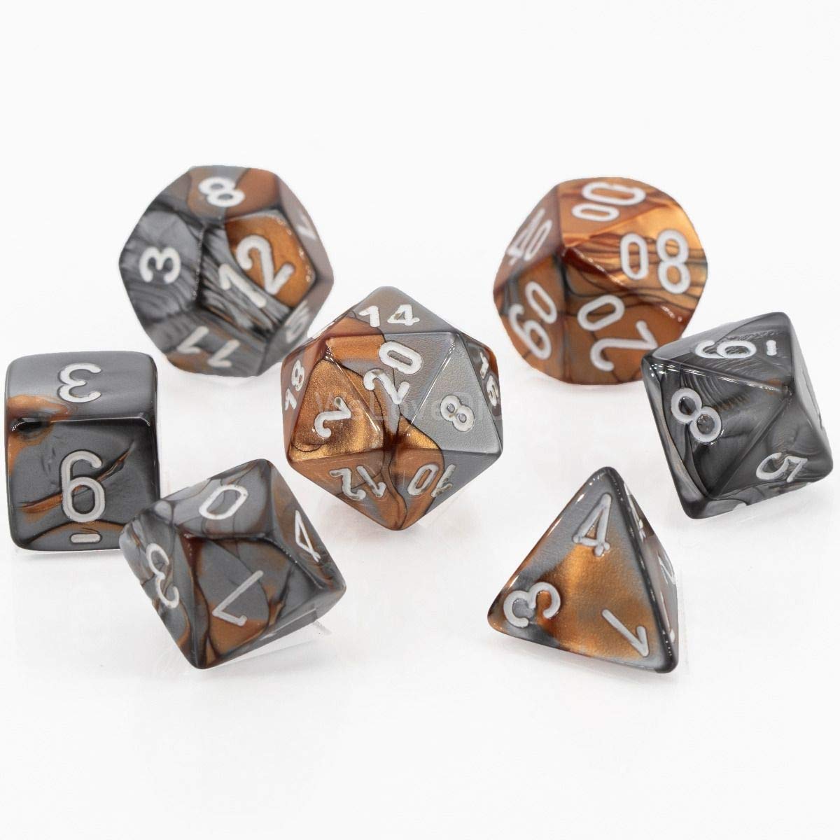 Chessex Manufacturing 26424 Cube Gemini Set Of 7 Dice - Copper & Steel With White Numbering